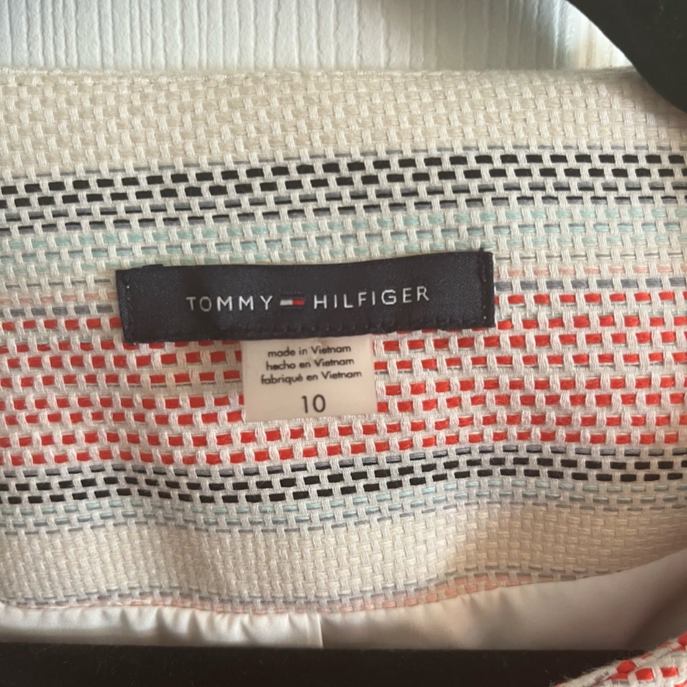 Size 10 Women's Tommy Hilfiger Long Blazer Jacket White Red Blue Woven - Picture 4 of 7